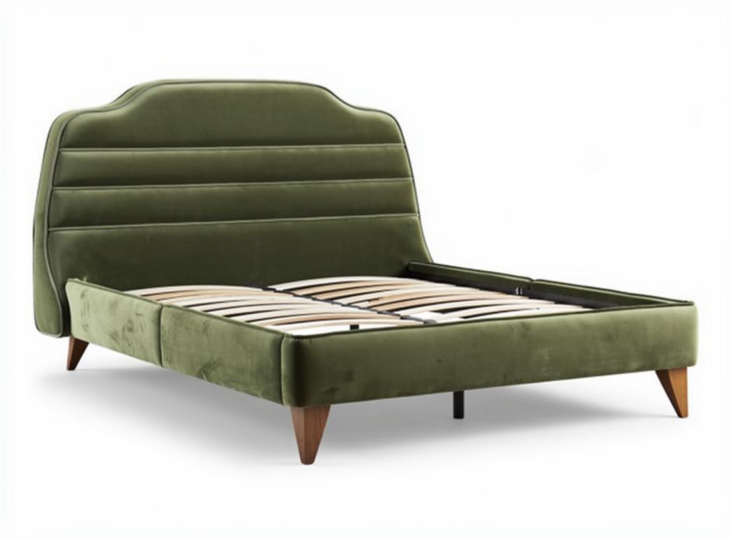 Lit en velours vert avec tête de lit rembourrée 190 x 140 x 100cm