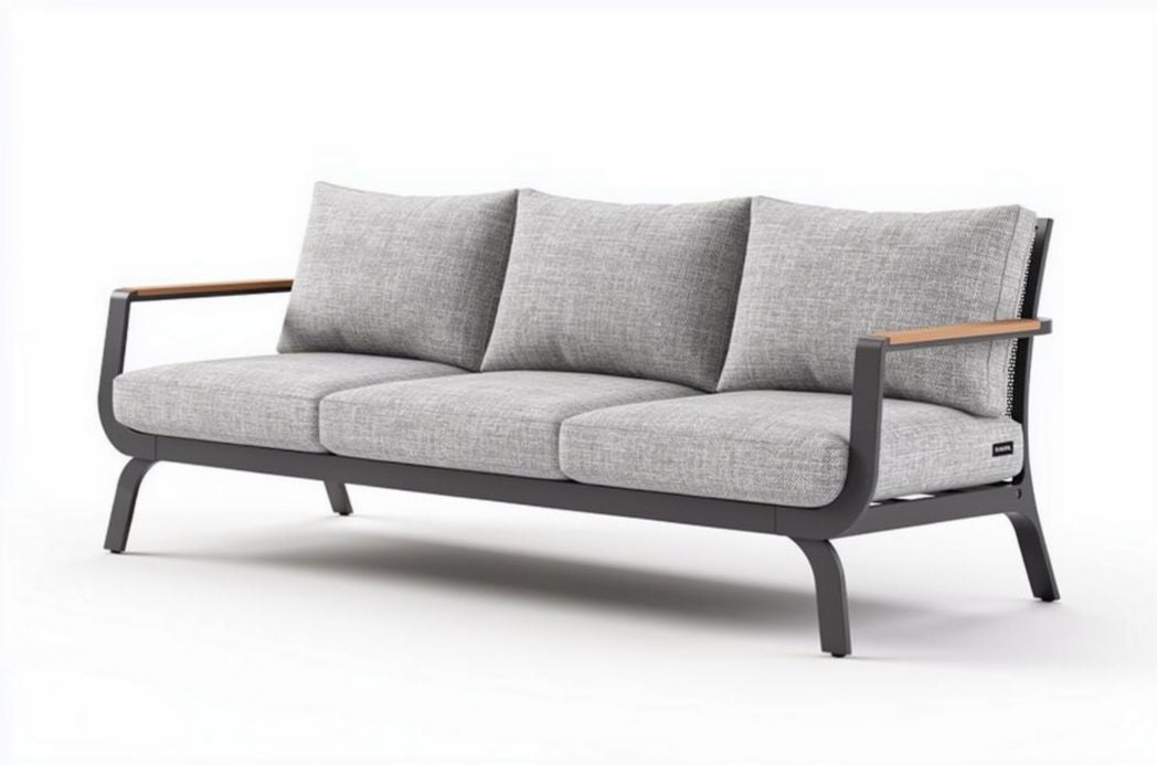Canapé moderne en polyester gris avec structure en aluminium et accoudoirs en bois 200 x 85 x 75cm